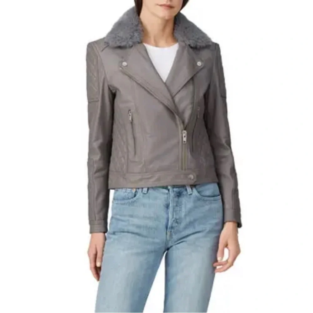 Samantha Sipos Gray Quilted Leather Biker Jacket size L